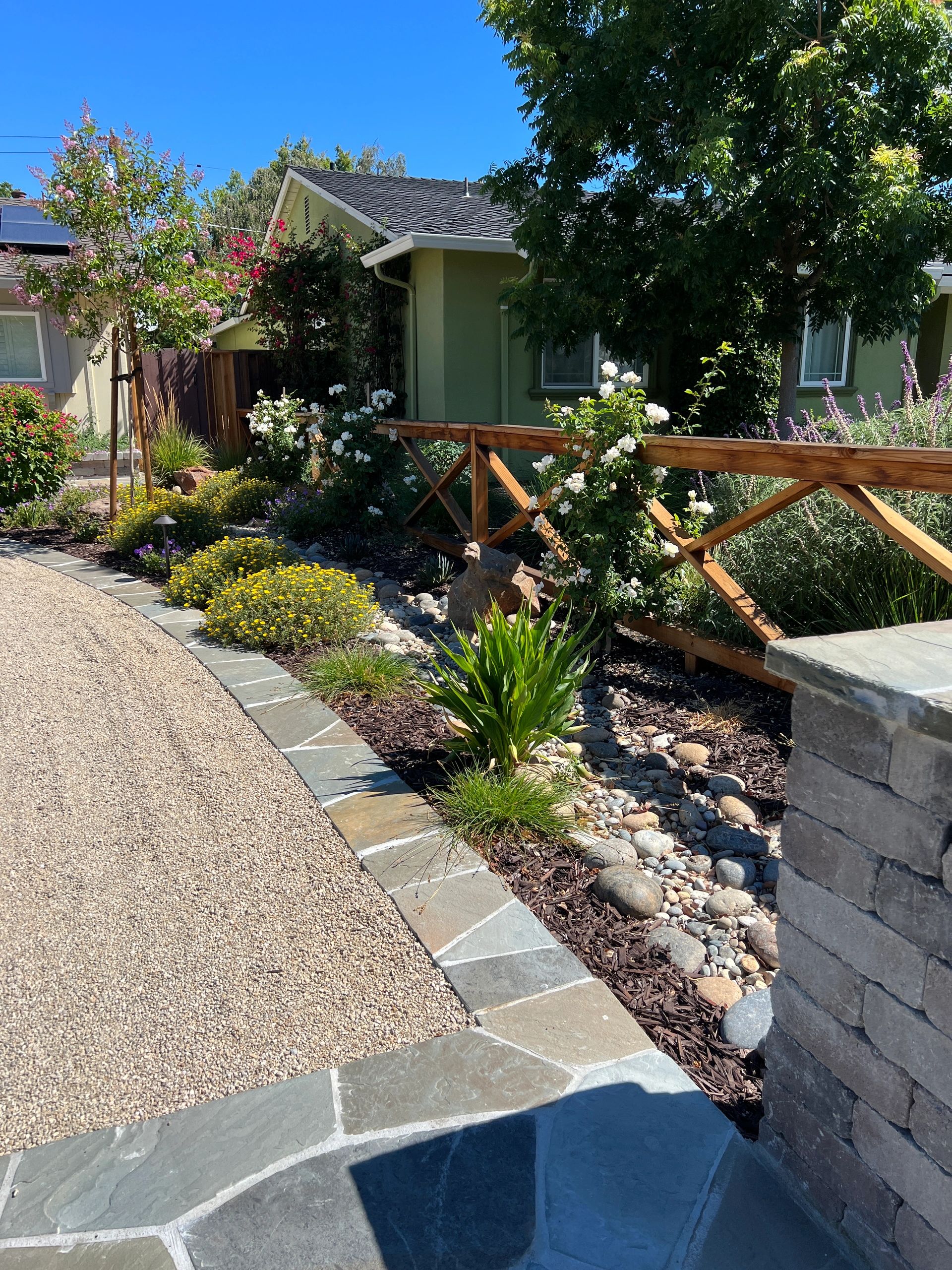 Lush garden landscape with flowers and shrubs