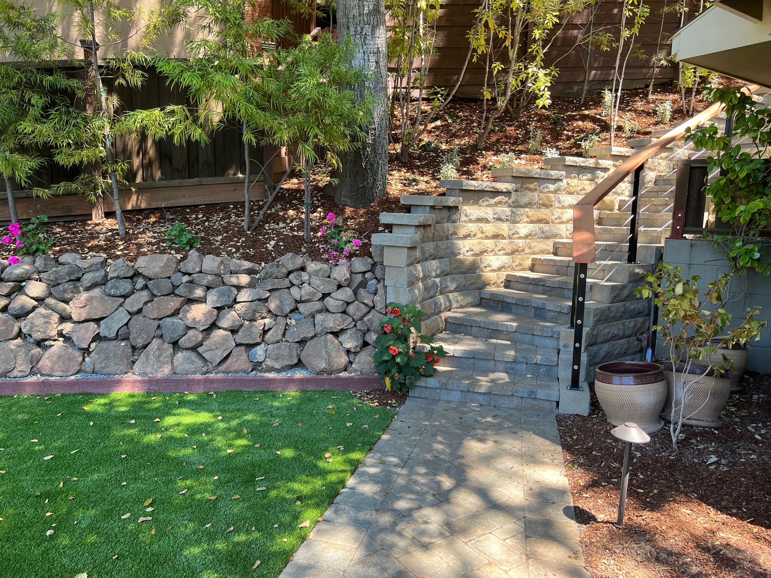 Stone steps and garden with trees