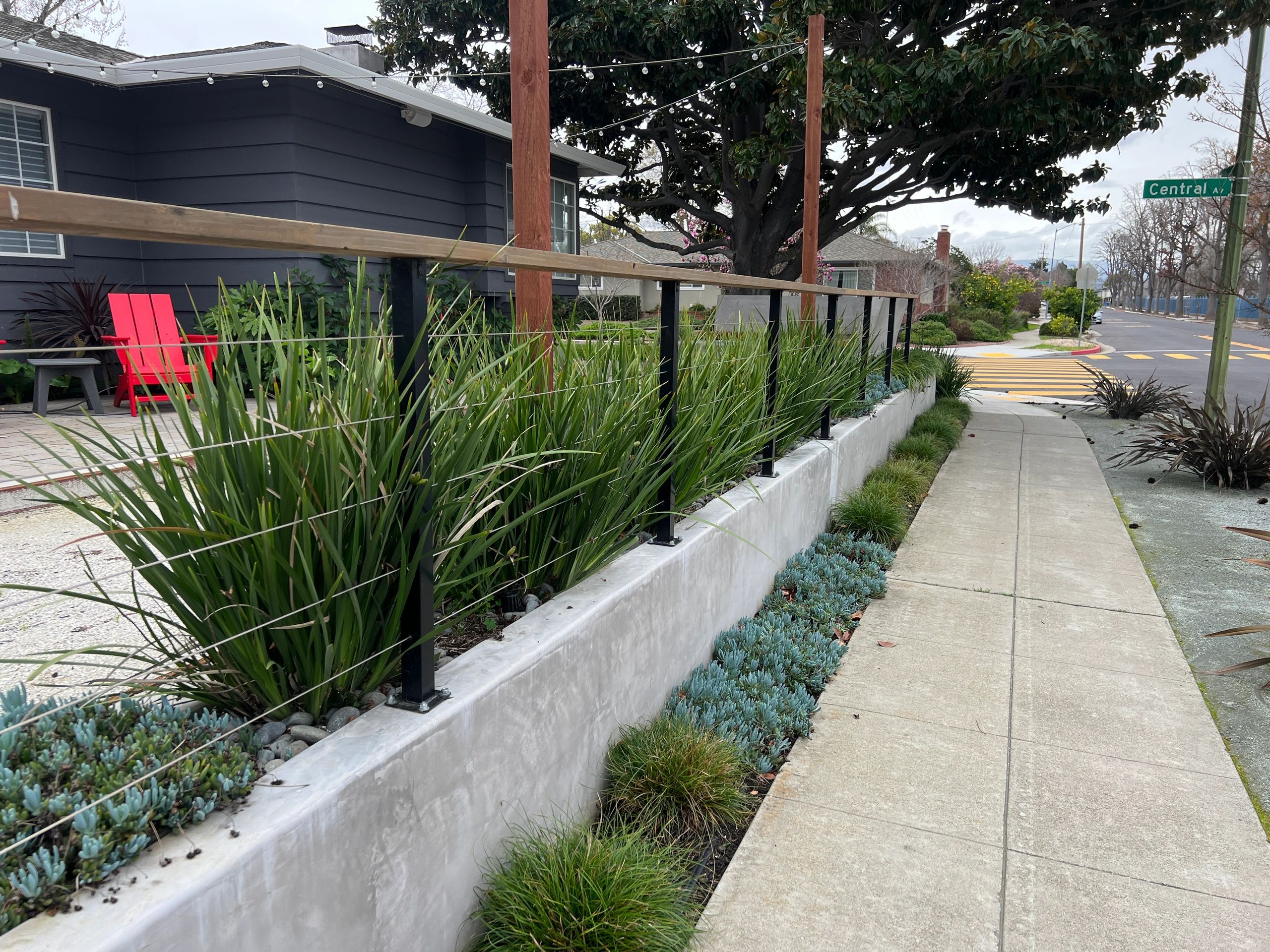 Concrete garden bed beside suburban sidewalk
