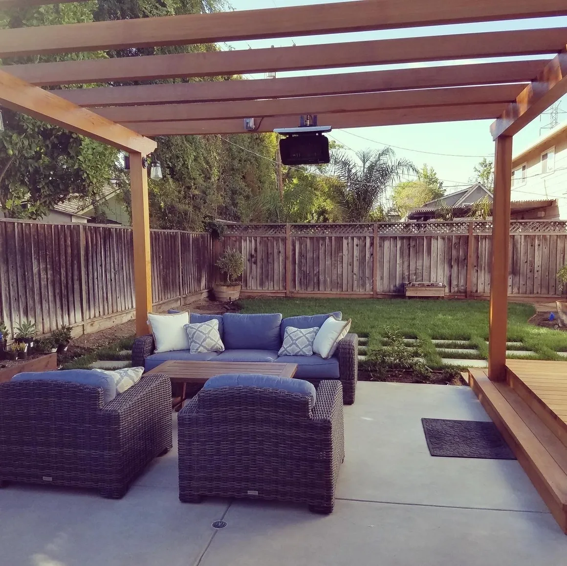 Outdoor patio with wicker furniture